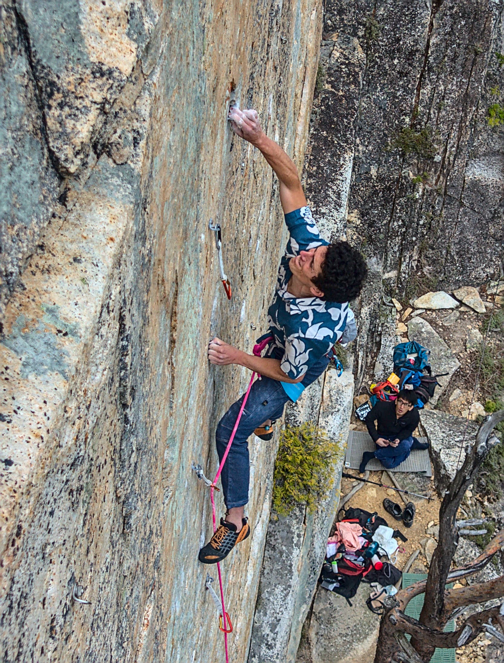 Francesco trying hard in a 5.13b in Godzilla Iwa